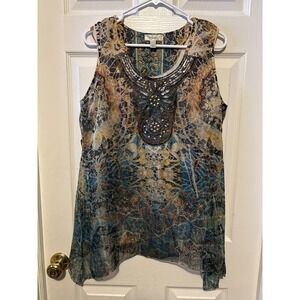 Dressbarn Women's XL Sleeveless Embellished Print Tunic Top 1479